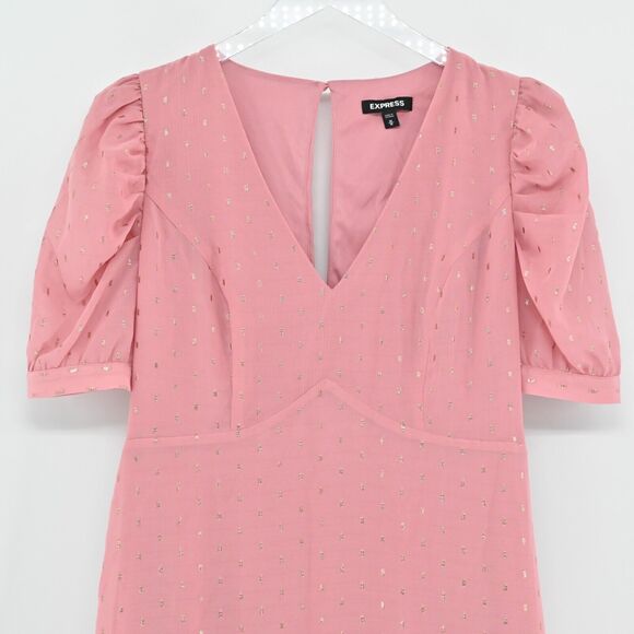 EXPRESS Dress Sz M Pink Gold Metallic Clip Dot Puff Sleeve Coquette Ballet Retro - Picture 3 of 12